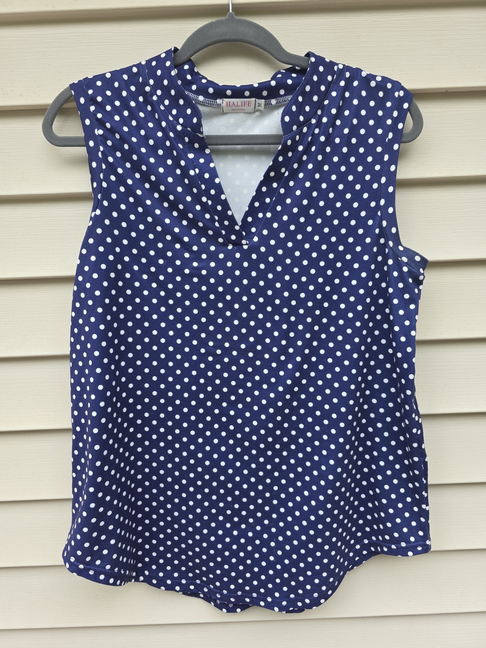 Navy Polka Dot Sleeveless Split-Neck Tank Top - Picture 4 of 4